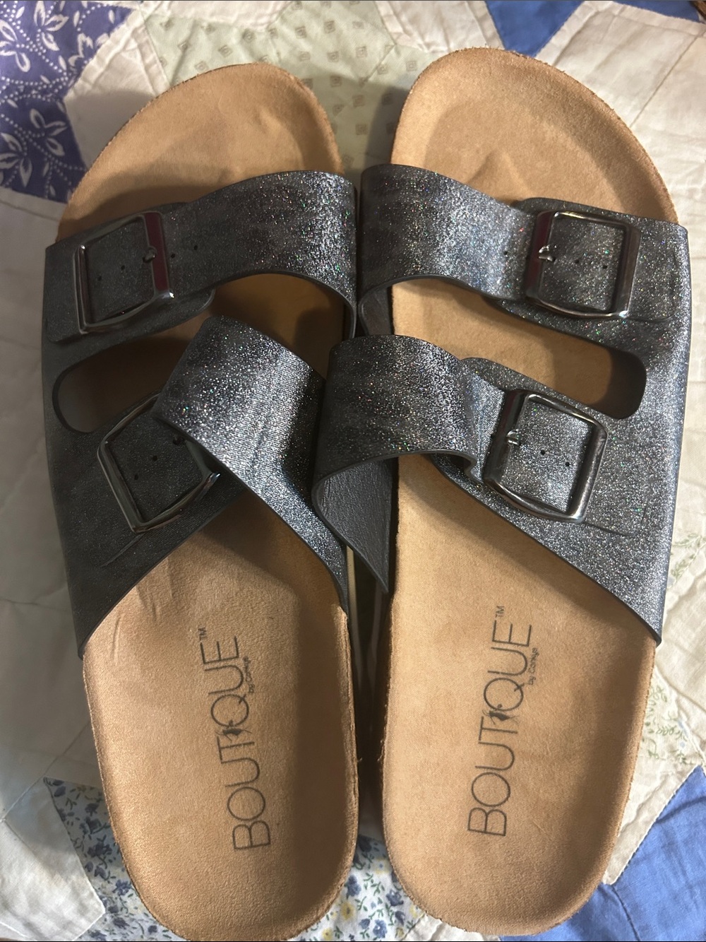 Adults Black Double-Buckle Slide Sandals